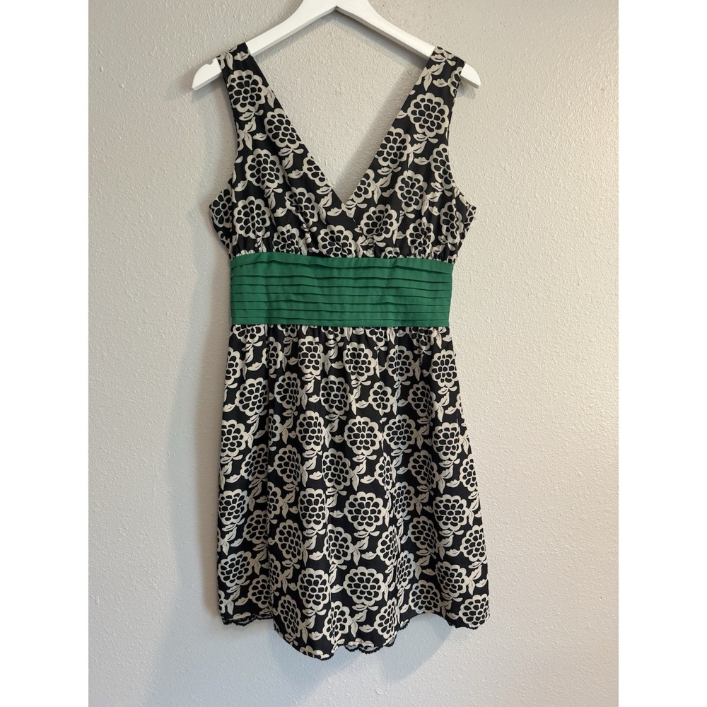 FOSSIL Vintage Mod Rockabilly Floral Dress Green Pleated‎ Waist Peek Lace Hem